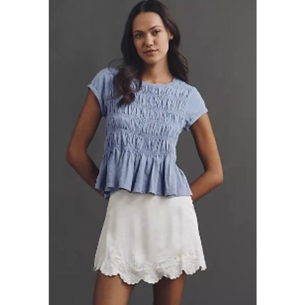 Pilcro Light Blue Smocked Short-Sleeve Peplum Top - Picture 3 of 7